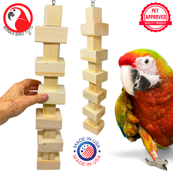Bonka Bird Toys 1179 Long Big Bites Natural Wood Tower Huge Chew Parrot Cage Toy
