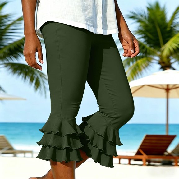 Capri Pants for Women Trendy Tiered Ruffle Hem Flare Leggings Bell Bottom Skinny Cropped Bloomer Trousers Dark Green L