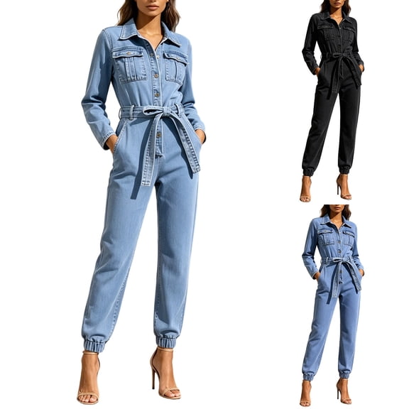 Kctiaxy Jeans for Women Long Sleeve Turndown Collar Belt Ties Denim Jumpsuits Solid Slim Fits Joggers