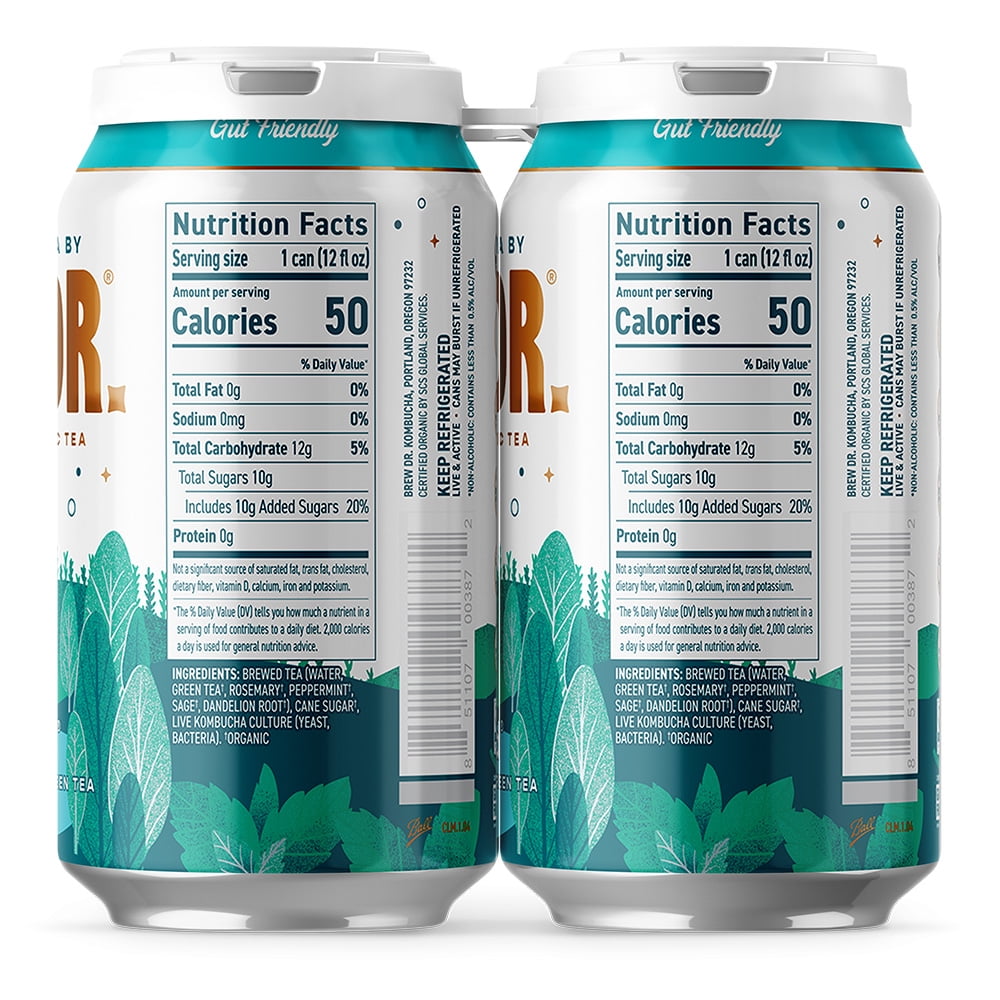 Brew Dr. Kombucha Organic Clear Mind 12 fl oz 4 pack cans with Green Tea