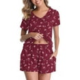 thumbnail image 5 of QATAINLAV 2 Piece Sets for Women, Casual Short Sleeve Tees and Shorts Lounge Set Trendy Printed V Neck Shirts Matching Shorts Sleepwear Outfits, Wine, S, 5 of 9
