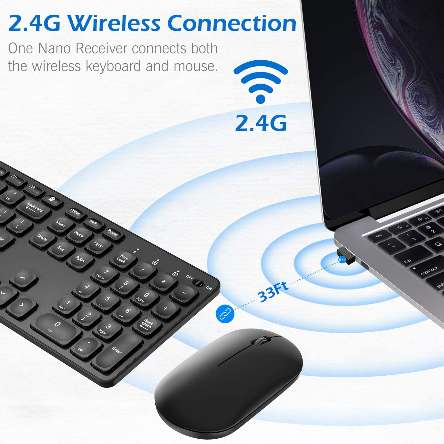 Computer CHESONA 2.4GHz Silent Slim Compact Full Size Low Profile Keyboard and Mouse Set with Numeric Keypad for Windows Notebook PC Wireless Keyboard and Mouse Combo Laptop Desktop Black 