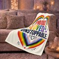 thumbnail image 5 of Rainbow Heart Arcs Framing Bold Pride Lettering, Soft Flannel Blanket with Expressive Pride Typography Print, Housewarming Gift and Home Decor for Bedroom and Living Room, 5 of 7