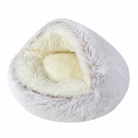 SAEWUD Soft Plush Cat Bed Cave with Hood – Self-Warming Pet Bed for Cats & Small Dogs, Cozy Covered Nest for Indoor Sleeping, Anti-Slip Bottom-Khaki
