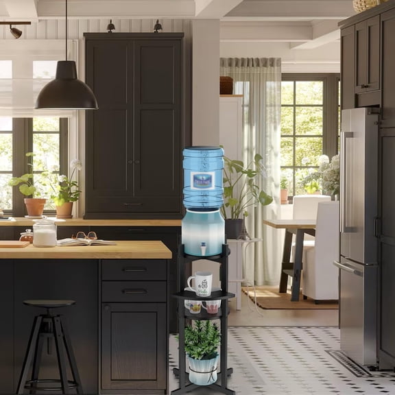 Water Dispenser Floor Stand with Curved Shelf for Cups, Metal Wood Storage for 1-5 Gallon Bottle, Black