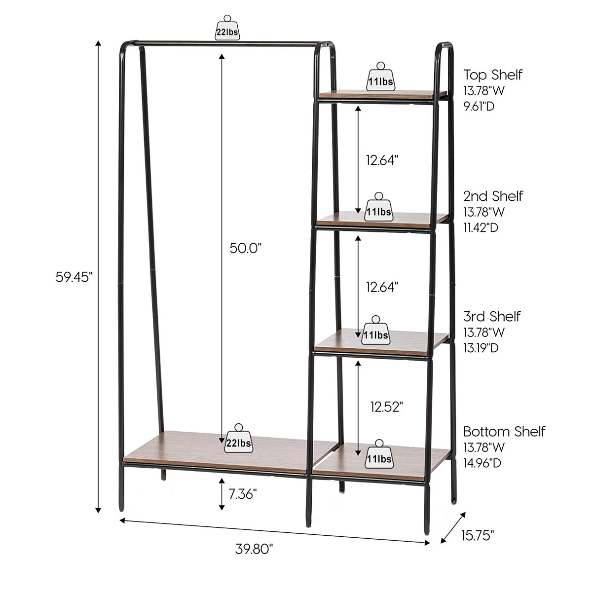 Metal Garment Rack Home Storage Rack Hanging Clothing Bar with Multi Wooden Shelves 60" x 40" - image 2 of 12