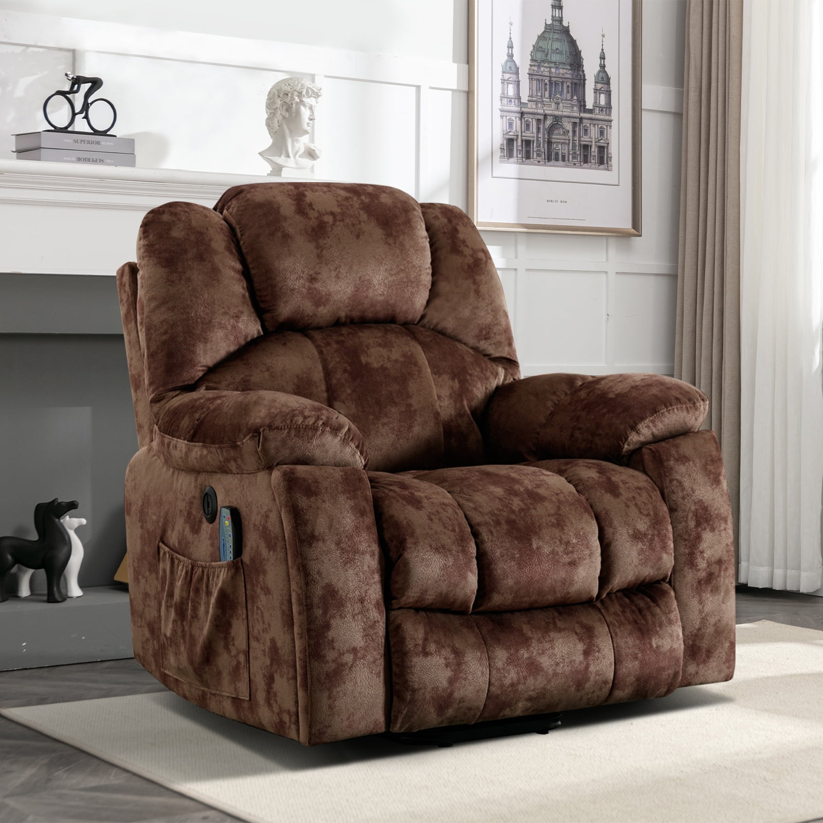 Bonzy Home Power Lift Recliner,Elderly Lift Chair with Heat Therapy and Massage Function,Remote Control,Side Pocket Cup Holders,Living Room, Brown