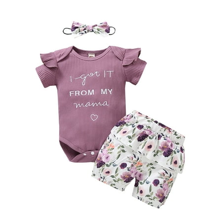 

Canrulo Infant Baby Girls Clothes Short Ruffle Sleeve Romper Bodysuit Floral Shorts Bow Headband 3Pcs Clothes Purple 3-6 Months