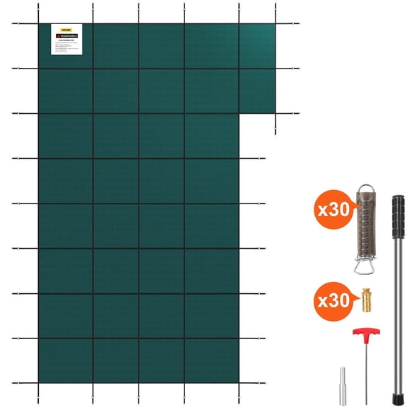 Inground Pool Safety Cover, 20 x 40 ft Rectangular Winter Pool Cover with Right Step, Triple Stitched, High Strength Mesh PP Material, Good Rain Permeability, Installation Hardware Included