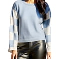 thumbnail image 2 of Womens Casual Checkered Color Block Sweaters Crew Neck Long Sleeve Cropped Knit Pullover Blue L, 2 of 9