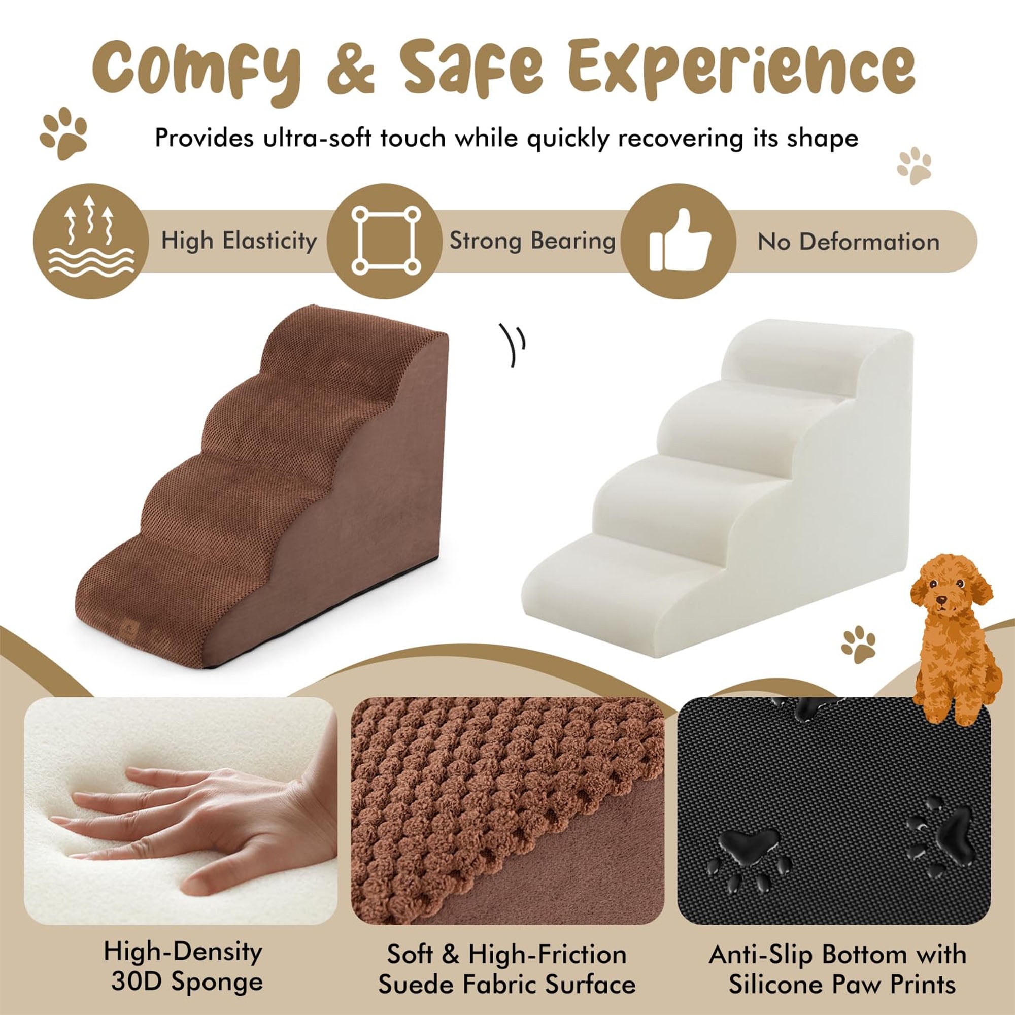 resenkos 28" Pet Stairs for Small Dogs, 4-Step Dog Ramp for Beds and Couch, Non-Slip Balanced Indoor Step, Brown