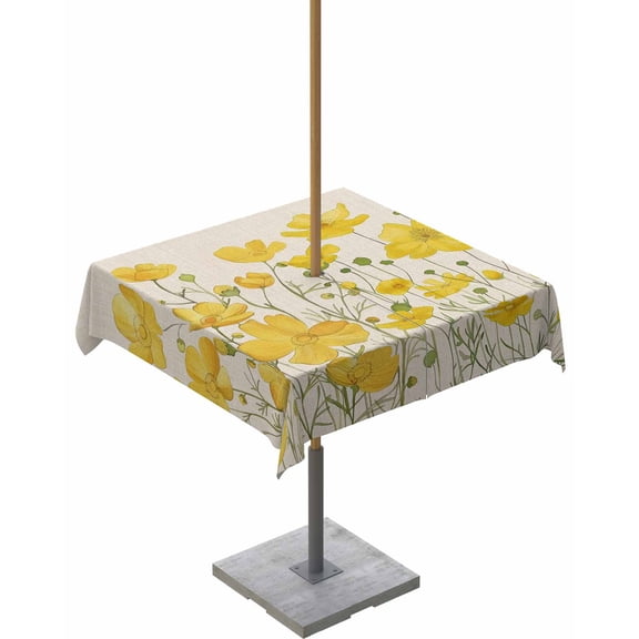 Yellow Floral Vintage Linen Square Tablecloth with Zipper,Waterproof Table Cloth with Umbrella Hole Patio Tablecloths for Outdoor Tables,Pastoral Watercolor Flowers Washable Spillproof Table Cover