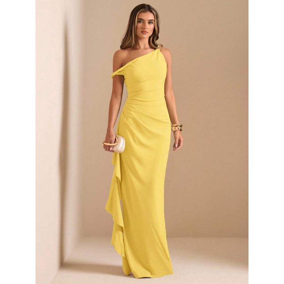 Yellow One Shoulder Ruched Wrap Maxi Dress With Asymmetrical Ruffle Hem And Draped Detail