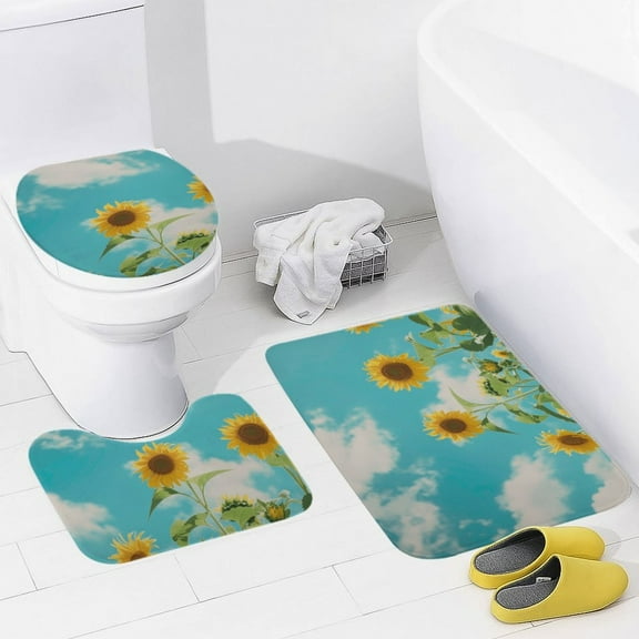 Sunflower 3 Piece Bath Rugs Mat Set, Flannel Mats, Machine Washable Carpets Mat for Bathroom Kitchen, Tub Toilet Contour Mat Lid Cover