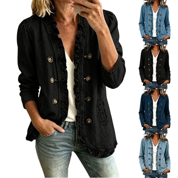 QINGFSAP Womens Ruffle Trim Denim Jacket Double Breasted Open Front Long Sleeve Coat with Pockets