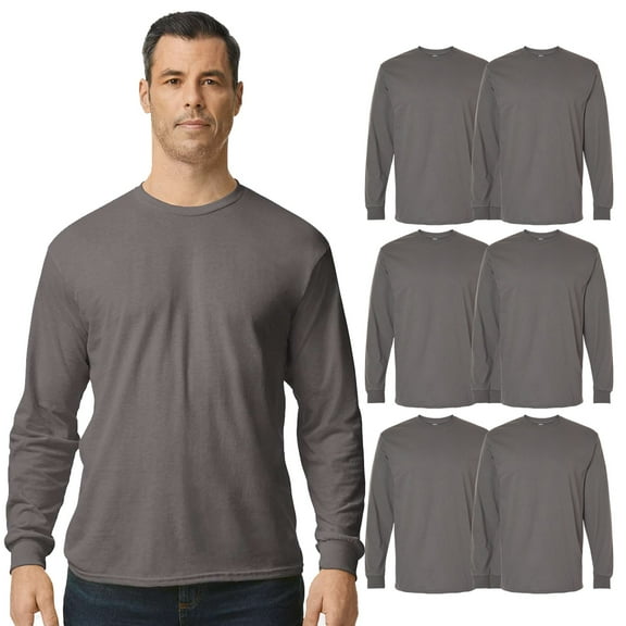 Gildan Men's Crew Neck Long Sleeve T-Shirt, Heavy Cotton Classic Fit Tee, Charcoal, 6-Pack, S