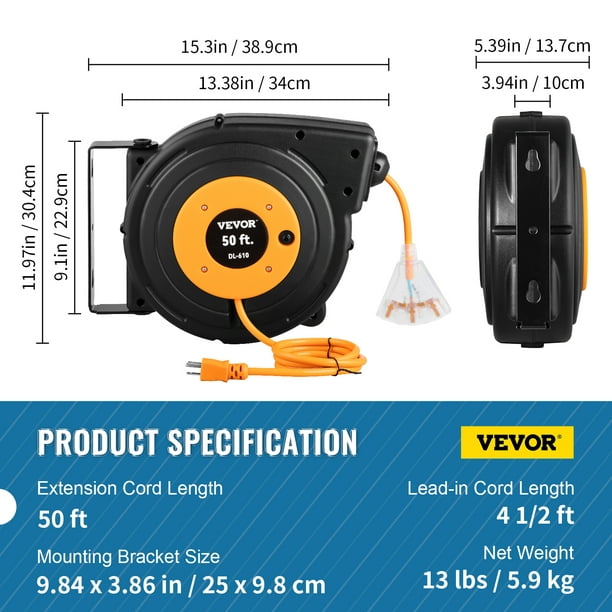 VEVOR Retractable Extension Cord Reel, 50 FT, Heavy Duty 14AWG/3C SJTOW Power Cord, with Lighted Triple Tap Outlet, 13 Amp Circuit Breaker, 180°