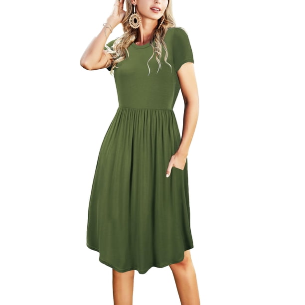Vestido de profesor con bolsillos de verano, modesto, casual, a media rodilla, con bolsillos de vera