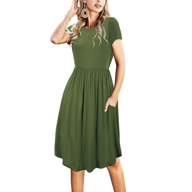 Vestido de profesor con bolsillos de verano, modesto, casual, a media rodilla, con bolsillos de vera