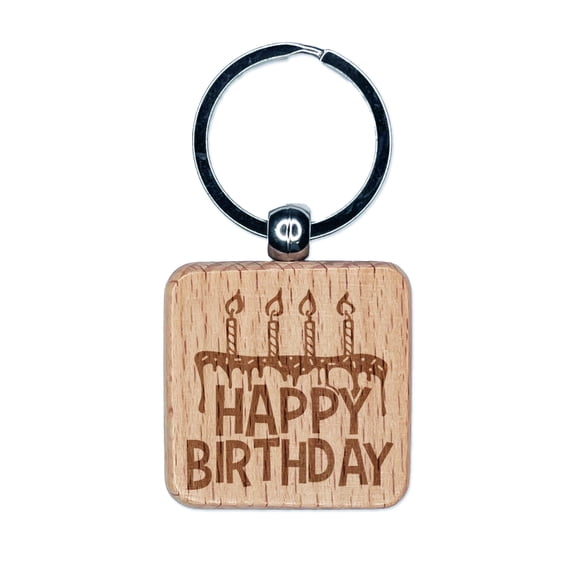 Happy Birthday Cake with Candles Square Keychain Charm Tag - Engraved Wood