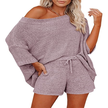 

Yskkt Women s 2-Piece Off-Shoulder Sweater Shorts Set Casual Pajamas Set