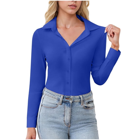 RYRJJ Button Down Shirts for Women Slim fit Long Sleeve Stretch Business Work Dress Shirt Collared Wrinkle Free Office Blouses(Blue,L)