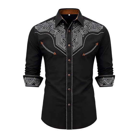 Byoo Toddler Boy's Geometric Line Tribal Embroidered Shirt Lapel Collar Long Sleeve Western Top Oktoberfest Blouse