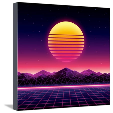 Retro Futuristic Background 1980S Style. Digital Landscape in a Cyber World. Retro Wave Music Album Stretched Canvas Print Wall Art By More Trendy Design (Best Landscape Designs In The World)