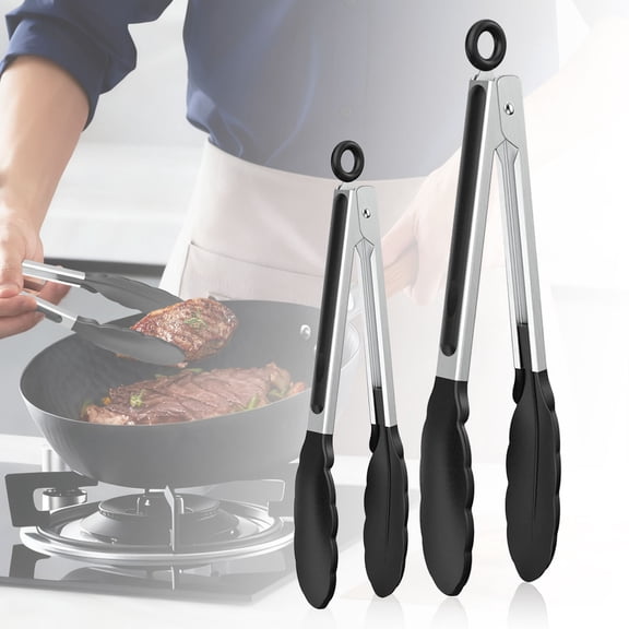 Stainless Steel Heat Resistant 600 Degree Kitchen Tongs for Cooking,Set of 2 BBQ Tongs,Non Scratch Stick Silicone Tip for Pans,Strong Grip,Grab Food,Toss Salad,Air Fryer,Pull Locking Tongs,7 9",Black