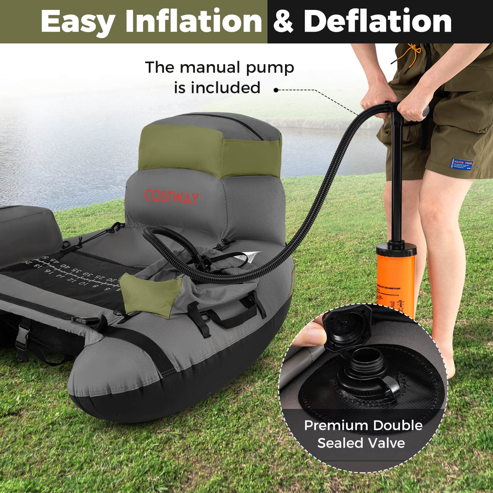 Goplus Inflatable Fishing Boat 350 LBS Fishing Float Tube with Fishing Rod Holder Gray+Green