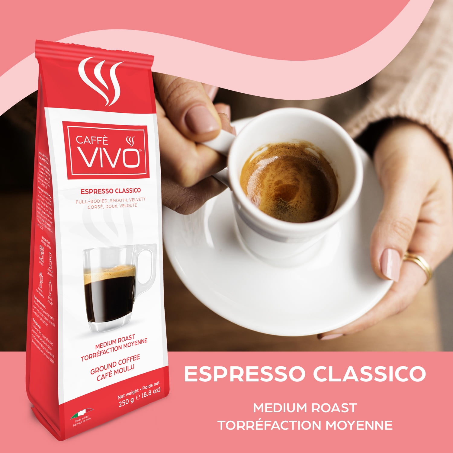 Caffè VIVO Espresso Classico (Ground Coffee), 250g Premium Ground Italian Coffee