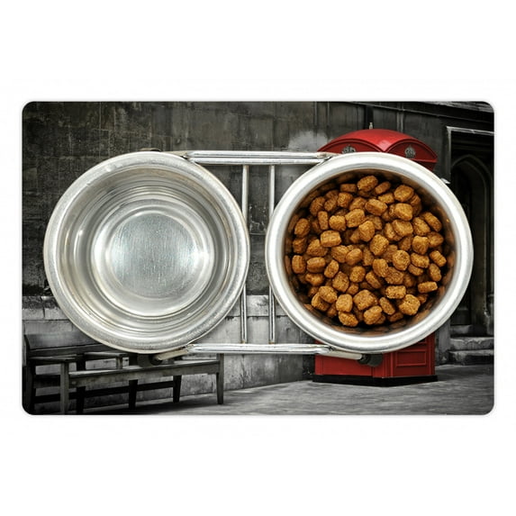London Pet Mat for Food and Water, Famous British Phone Boot in London Streets Important of Town Urban Life Photo, Non-Slip Rubber Mat for Dogs and Cats, 18" X 12", by Ambesonne