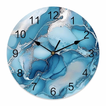 Wall Clock 14 inch Ombre Blue Gray Striped Wave Battery Operated Clocks Silent Non-Ticking Wallclock Abstract Ocean Round Decorative Wall Clocks for Home Office School