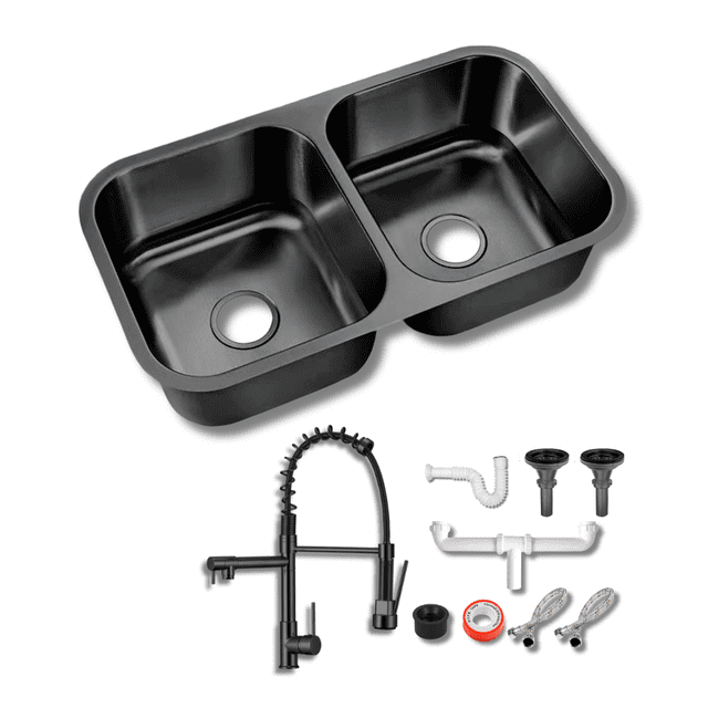 Tarja Para Cocina Negra Doble Tina 82x47 cm Submontar Acero Inoxidable Calibre 18 Tinas Profundas 22 cm Con Mezcladora Chef Profesional Kit Completo KADINOX PLUS