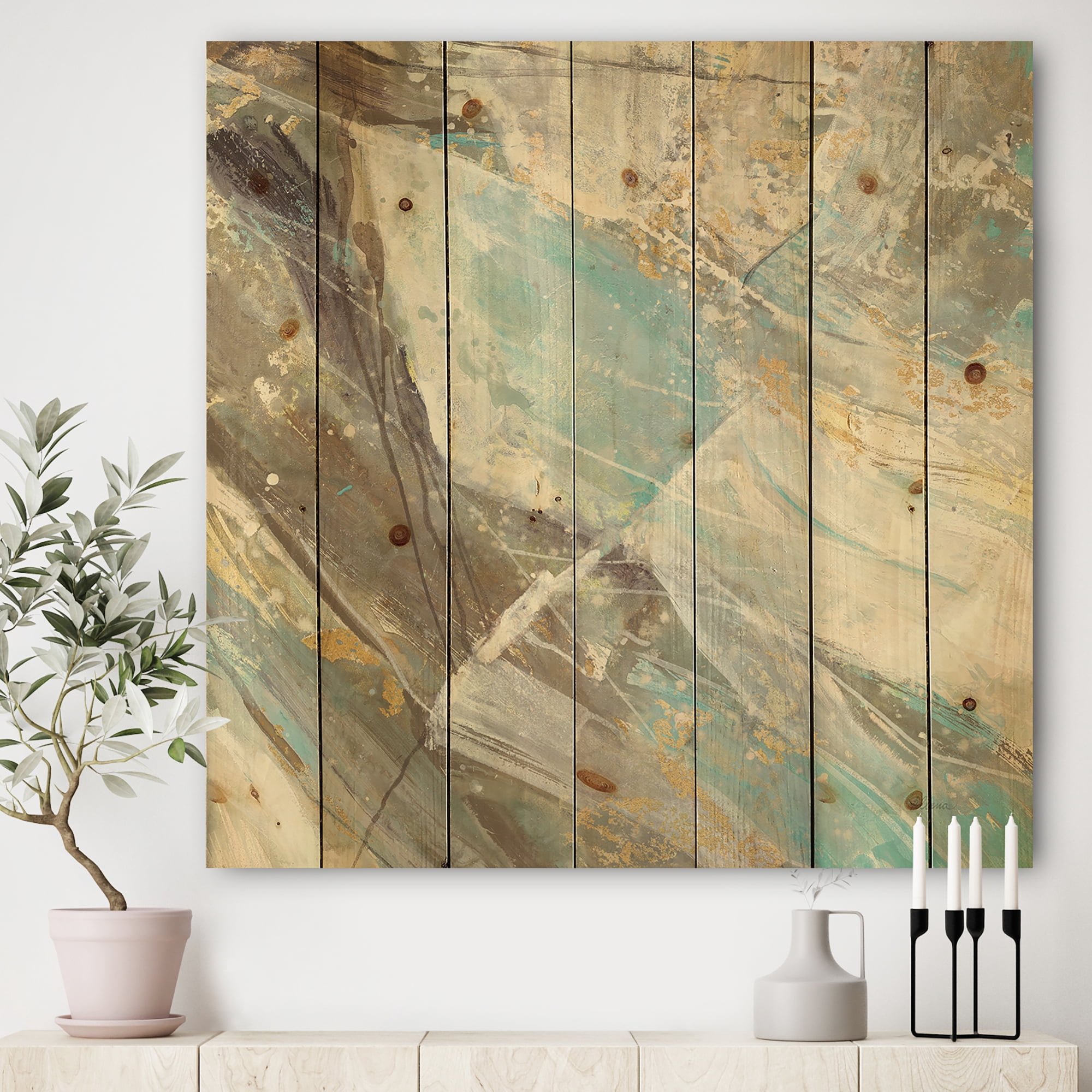 Designart 'Fractal Blue Geometric Water' Modern & Contemporary Print on Natural Pine Wood