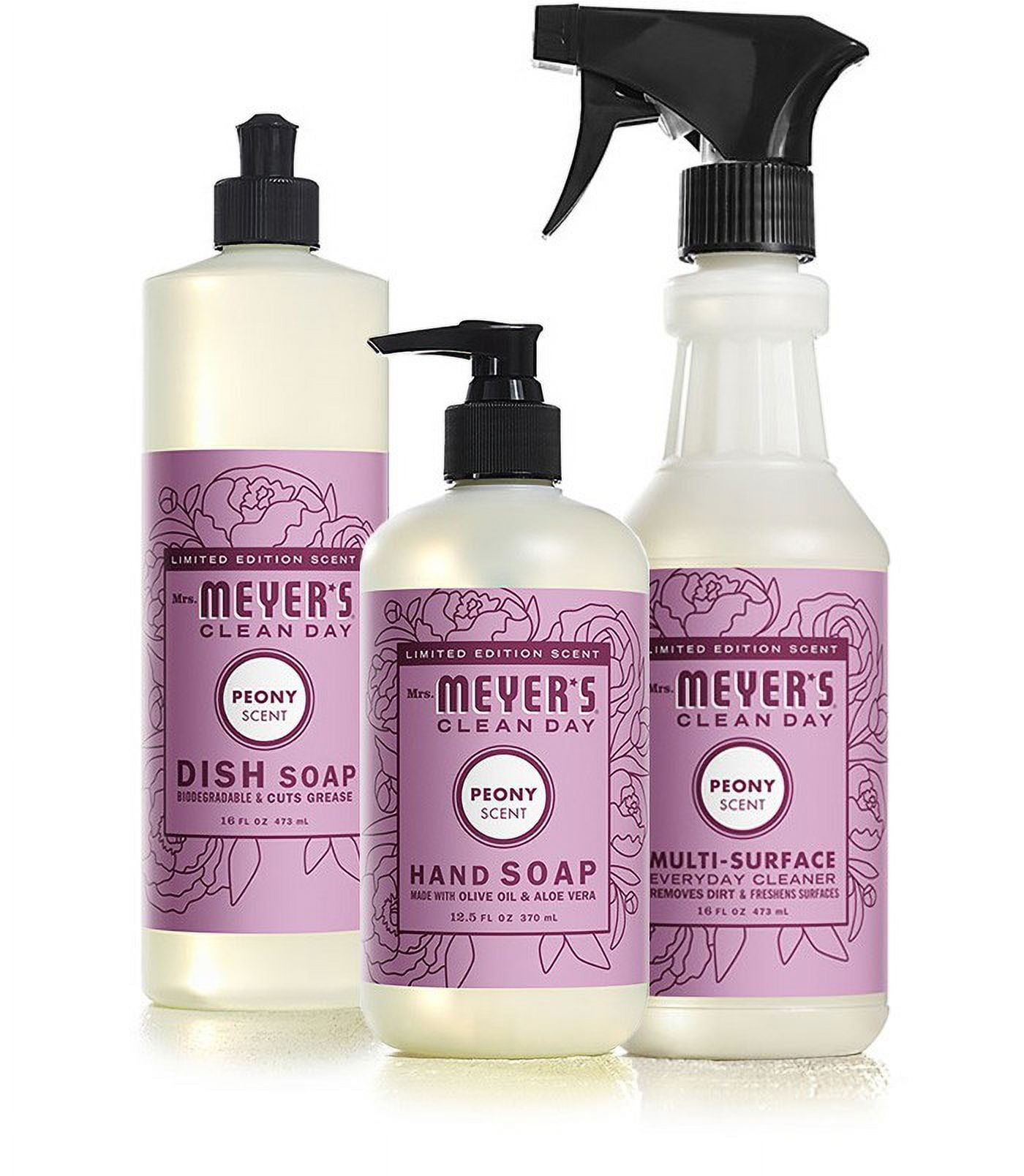 Mrs. Meyer's Peony Kitchen Set, Dish Soap, Hand Soap, and Multi-Surface Cleaner, Peony, 1 CT