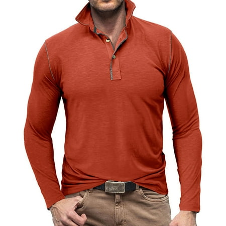 VALMASS Cotton Long Sleeve Button V Neck Cozy Fit Stand Collar Winter Solid Color Pullover Man (L Red)