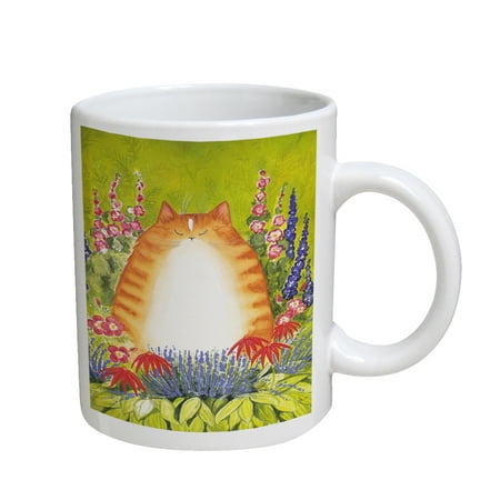 Flowers Coffee Mugs KuzmarK Coffee Cup Mug 11 Ounce - Ginger Tabby Cat with Garden Flowers Art by Denise Every ()
