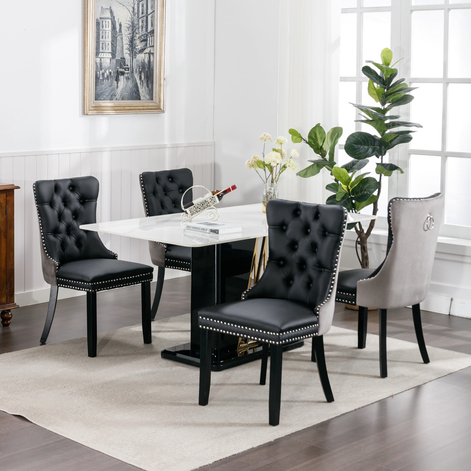 Rhomtree Faux Leather Tufted Dining Side Chairs, Black/Gray (Set of 2)