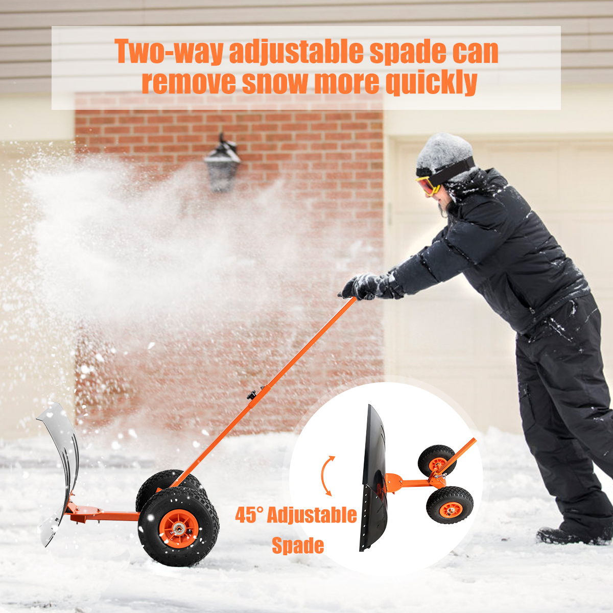 Costway Adjustable Wheeled Snow Pusher/Shovel Heavy Duty Efficient Snow  Removal Tool