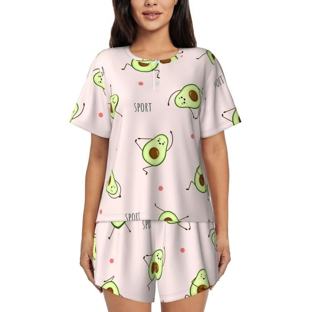 Balery Avocado Doing Sport Yoga Conjunto de Pijama para Mujer con Estampado, Dos Piezas de Manga Corta y Shorts, Ropa de Dormir Suave con Cuello Redondo y Bolsillos-Medium