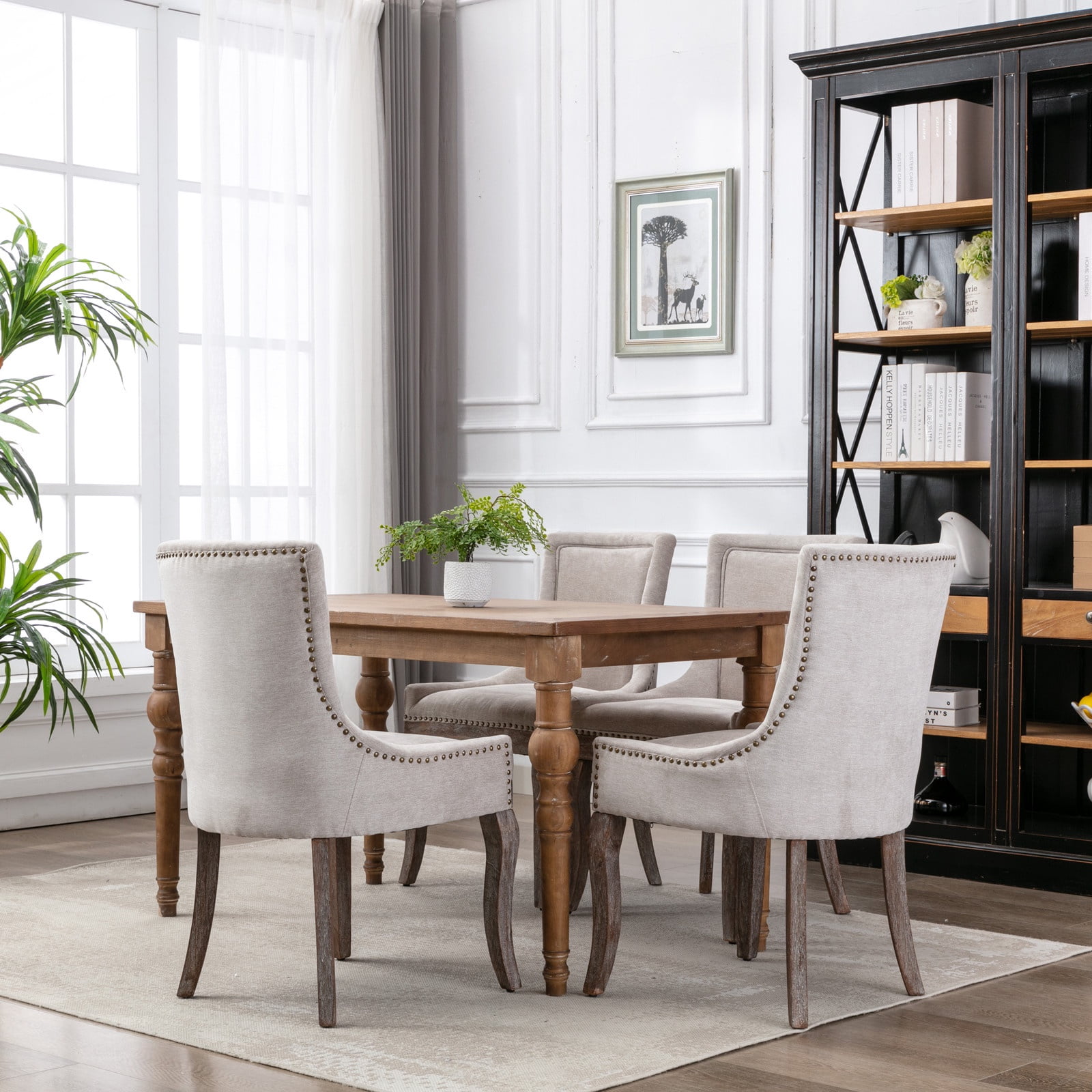 Dining Chairs Set of 2, LEGAHOME Beige Fabric Upholstered Dining Chairs, Mid-century Kitchen Chairs with High Back, Bronze Nail Head, Solid Wood Legs, Beige, 2 Pcs
