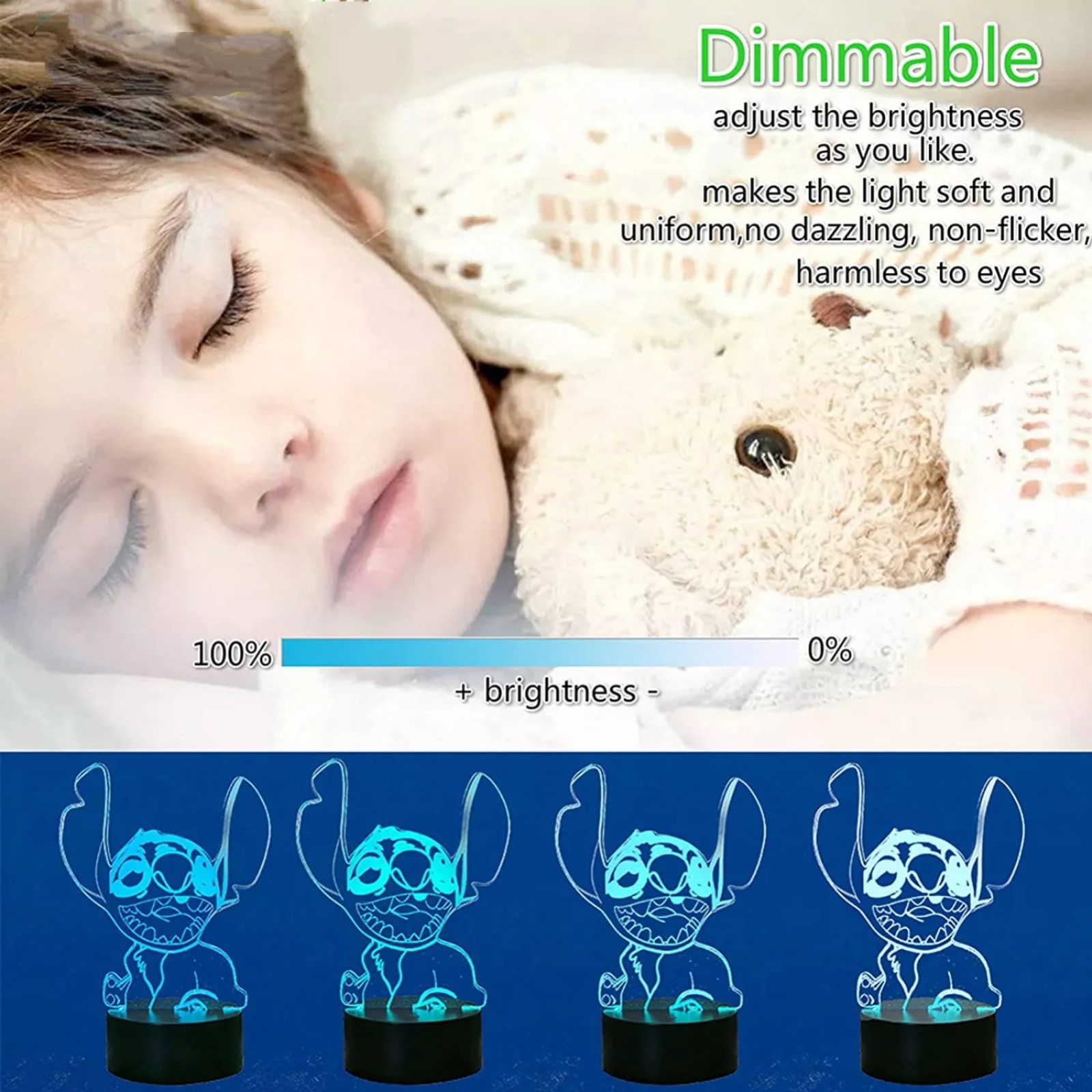 Stitch Night Light,Cute 3D LED Optical Lamp,Cartoon Anime Character Acrylic Visual Night Light With Remote 7 Colors