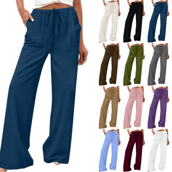 Yuanlook Women Soft Jersey Drawstring Elastic Waist Wide Leg Pants, Side Pockets Full Length Loungewear Trousers S-XXL
