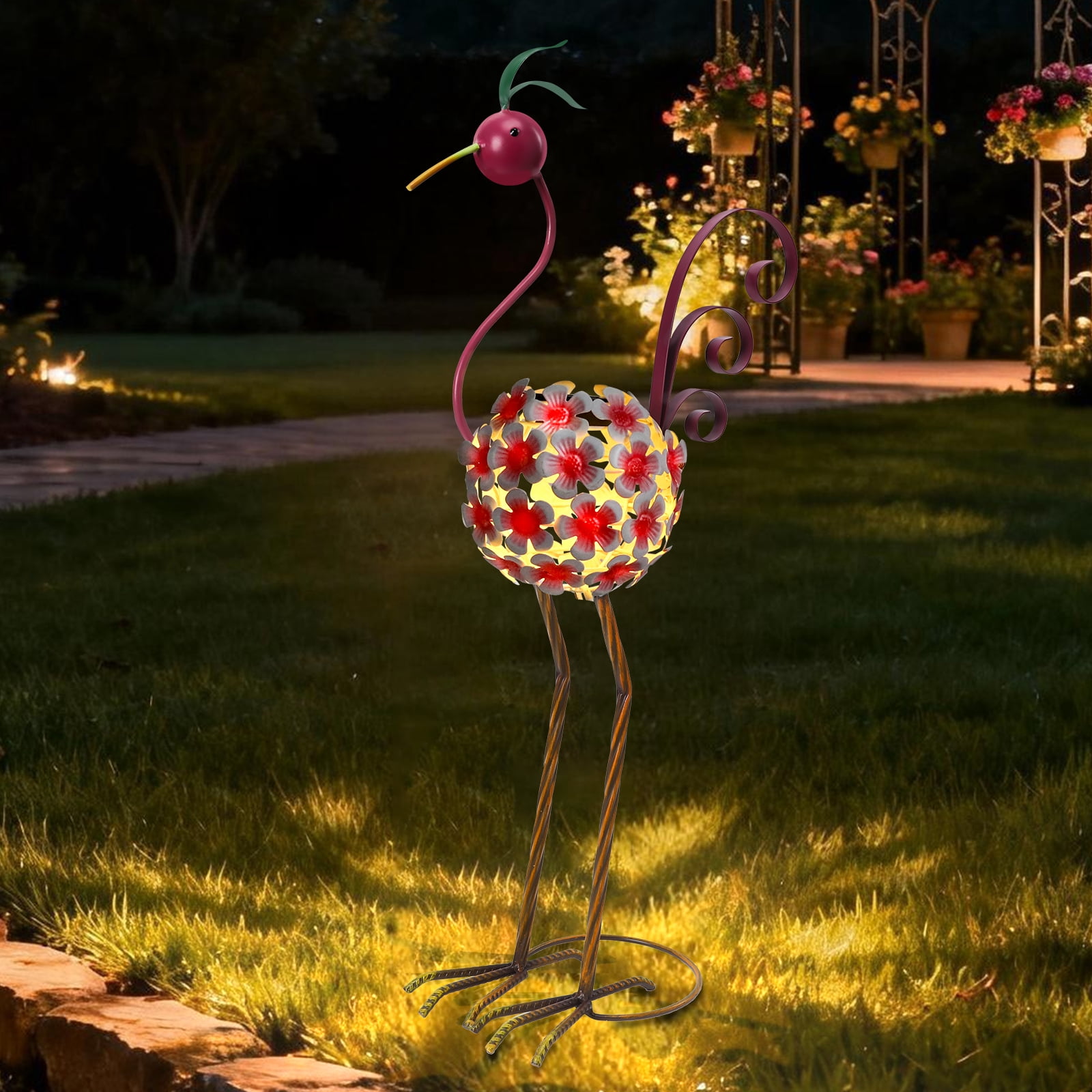 Outdoor Solar Flamingo Garden Stake – LED Light Flower Ball Decor, Metal Design, Whimsical Outdoor Patio/Lawn Ornament,Outdoor Decor