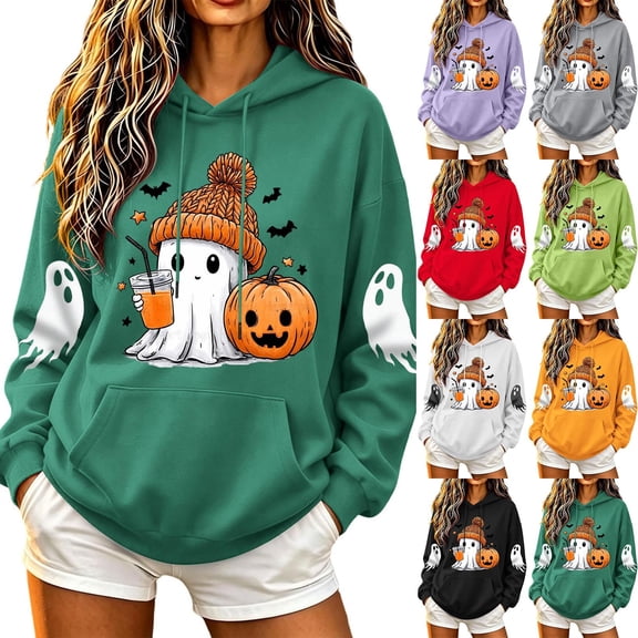 Cozy Trendy Pullover Sweatshirts With Pockets Ladies' Halloween Printed Long Sleeved Hooded Sweatshirt Top Jump One Size for Shipping Black Xxl