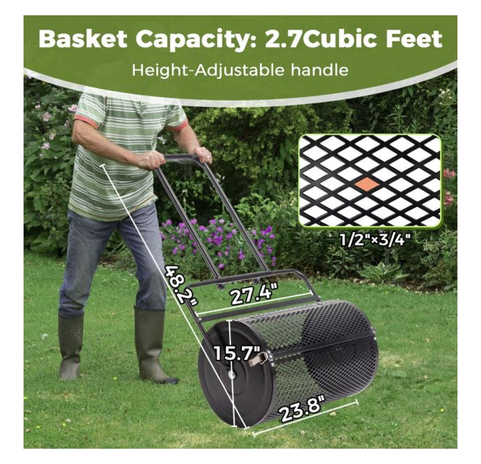 24 inch Compost Spreader for Lawn, Garden Peat Moss with Double Side Latches, Powder Coated Steel Mesh Basket for Topdressing & Seedling, Black