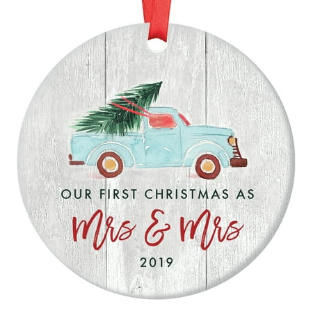 Lesbian Couple First Christmas as Mrs & Mrs, Gay Newlywed Ornament 2019, Wedding Gift Idea, Blue Pickup Truck Xmas Tree Ceramic Farmhouse 3
