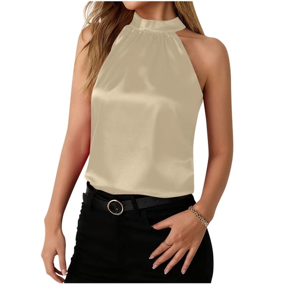 Womens Satin Halter Tops, Sleeveless Shirts for Women Summer Fashion Loose Fit Shiny Crewneck Tank Tops for Party
