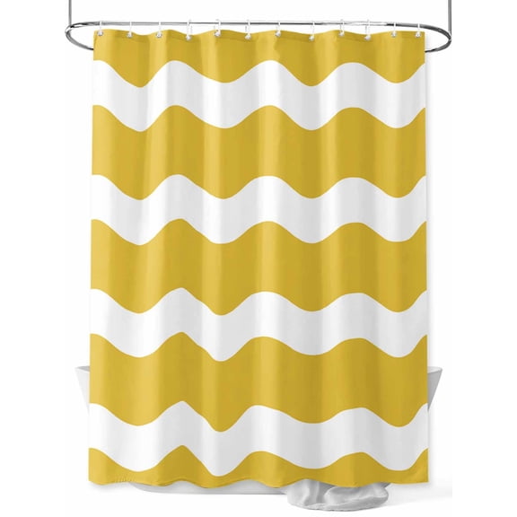 Shower Curtain Yellow and White Stripes Bathroom Curtains with Hooks, Waterproof Fabric Sea Wave Bath Shower Curtains Set for Bathroom Bathtubs Decor 36x72 Inch